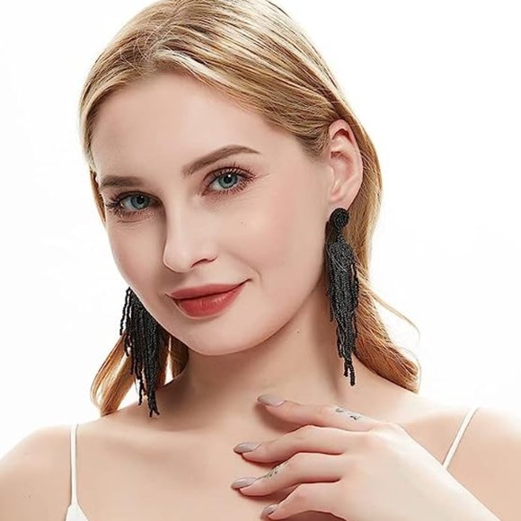 Long Black 4.25" Modern Art Deco Oversized Earrings Beaded Bohemian Tassel New - Picture 1 of 5